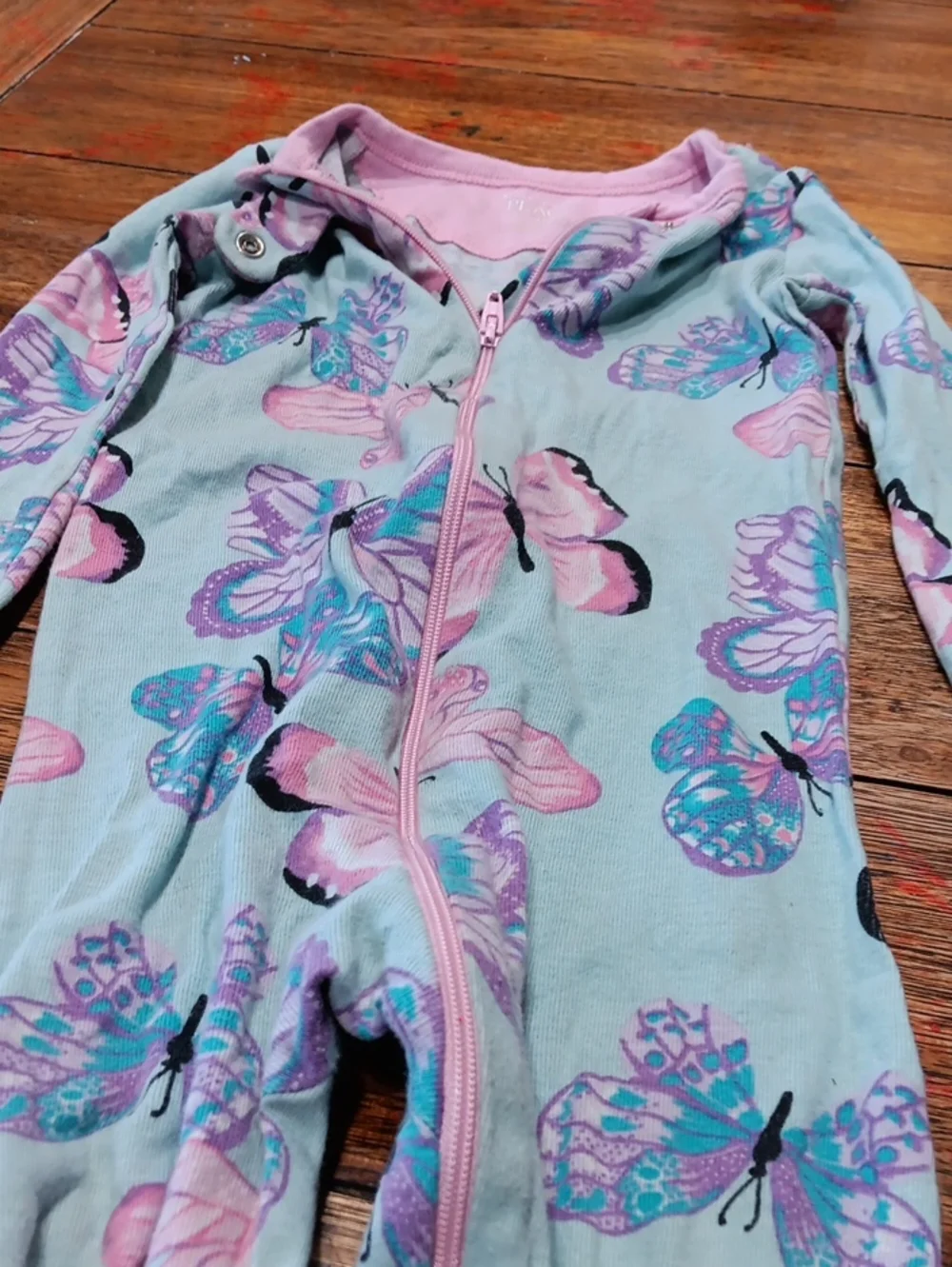 Childrens Place Girls Mint Butterfly One-Piece Pajama - Pink Trim